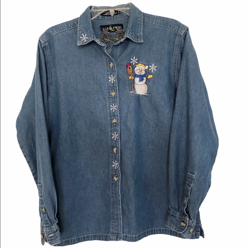 Vintage Luna Pier Denim Snowflake Applique Shirt